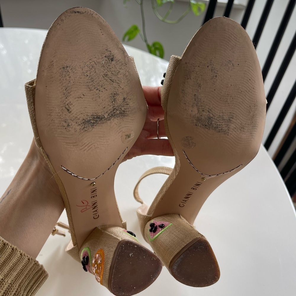 Gianni Bini Joenahtwo Straw Fruit Embellished Block Heels - 7 - Picture 5 of 5